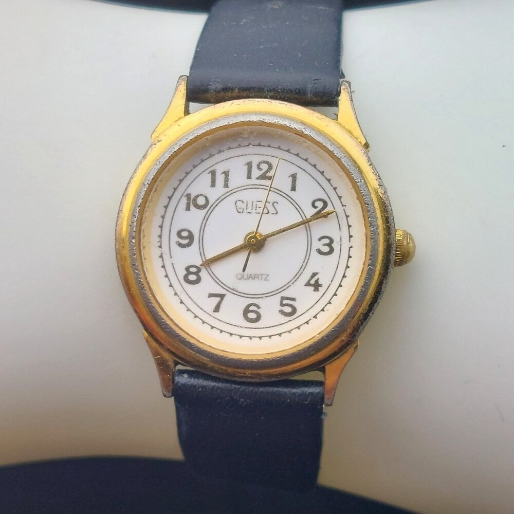 Vintage 1990 Guess Inc. Quartz Watch With Black Leather Strap & Gold-Tone Case